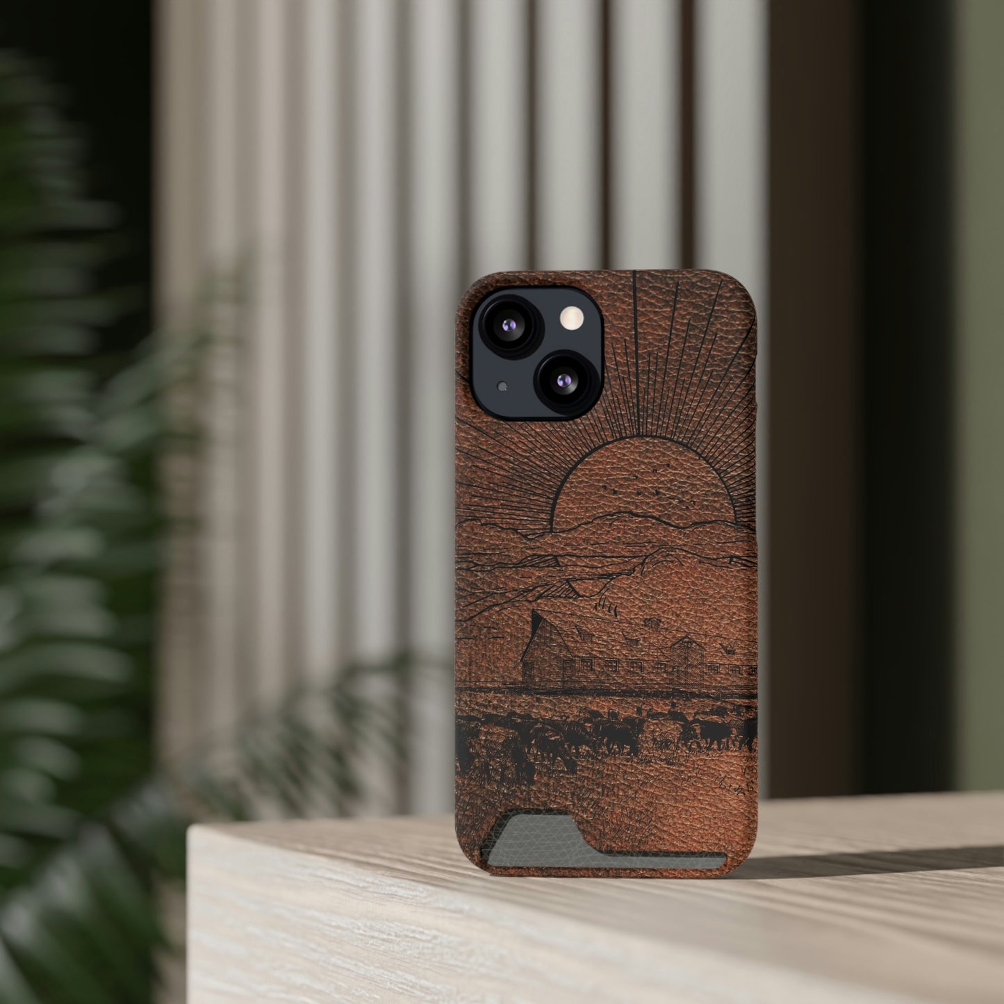 Leather Ranch Print Phone Case With Card Holder