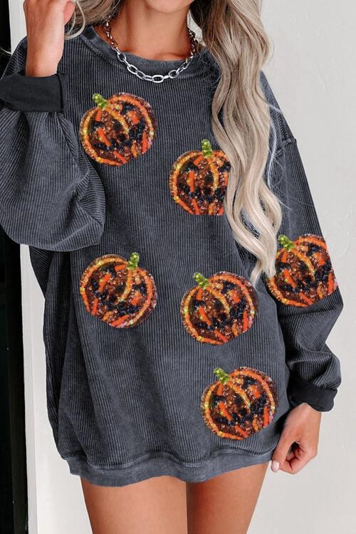 Sequin Patch Pumpkin Round Neck Sweatshirt