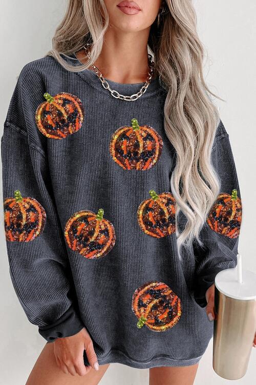 Sequin Patch Pumpkin Round Neck Sweatshirt