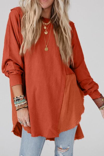 Contrast Texture Round Neck Long Sleeve Blouse