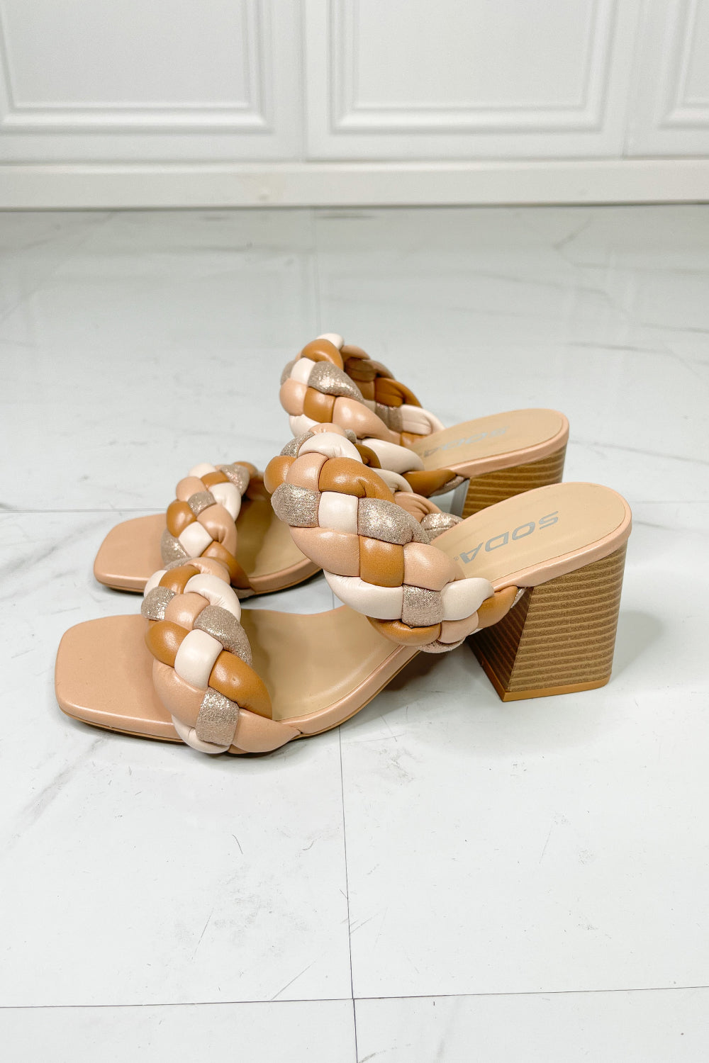 SODA Interwoven Ideas Braided Strap Block Heel Slide Sandal in Nude