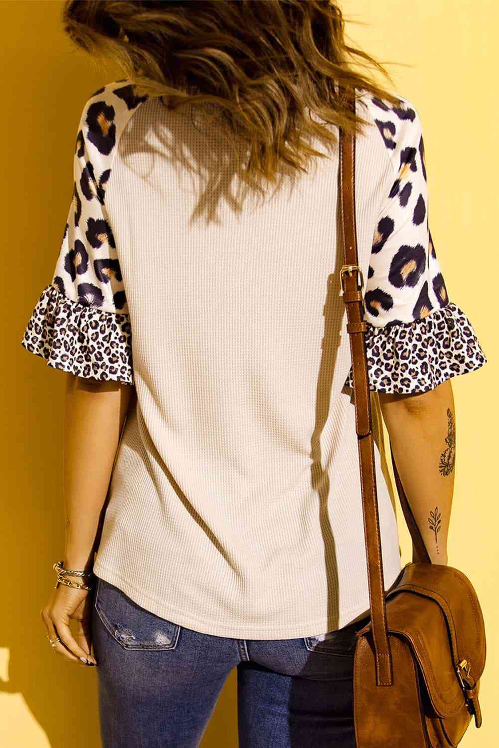 Easter Leopard Waffle-Knit Flounce Sleeve Top