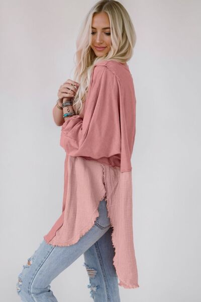 Contrast Texture Round Neck Long Sleeve Blouse