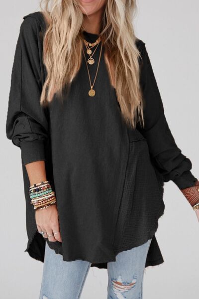 Contrast Texture Round Neck Long Sleeve Blouse