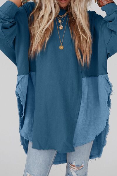 Contrast Texture Round Neck Long Sleeve Blouse